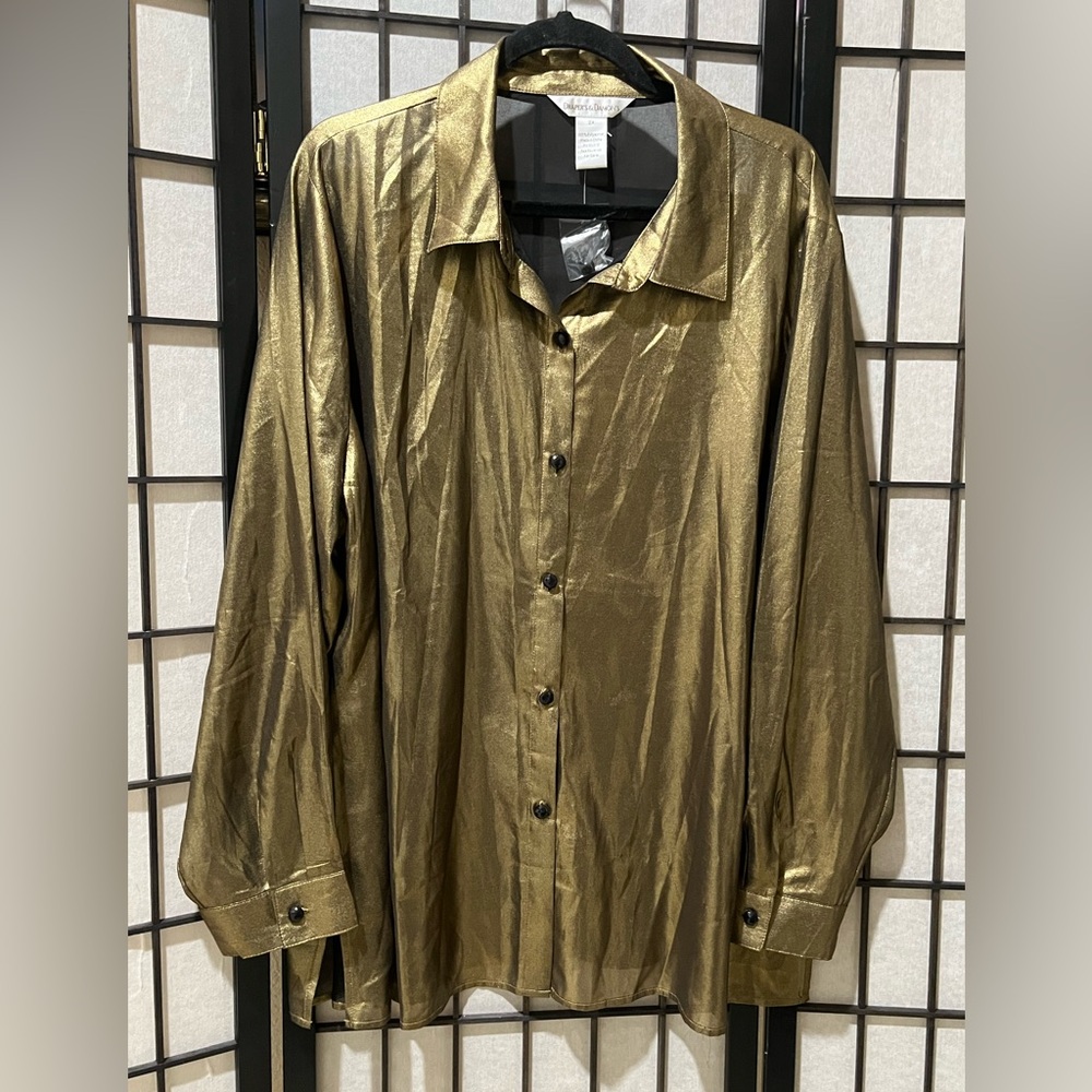 Metallic Gold DRAPER & DAMONS Button-Up SHEER TRANSLUCENT Shirt  SIZE 2X
